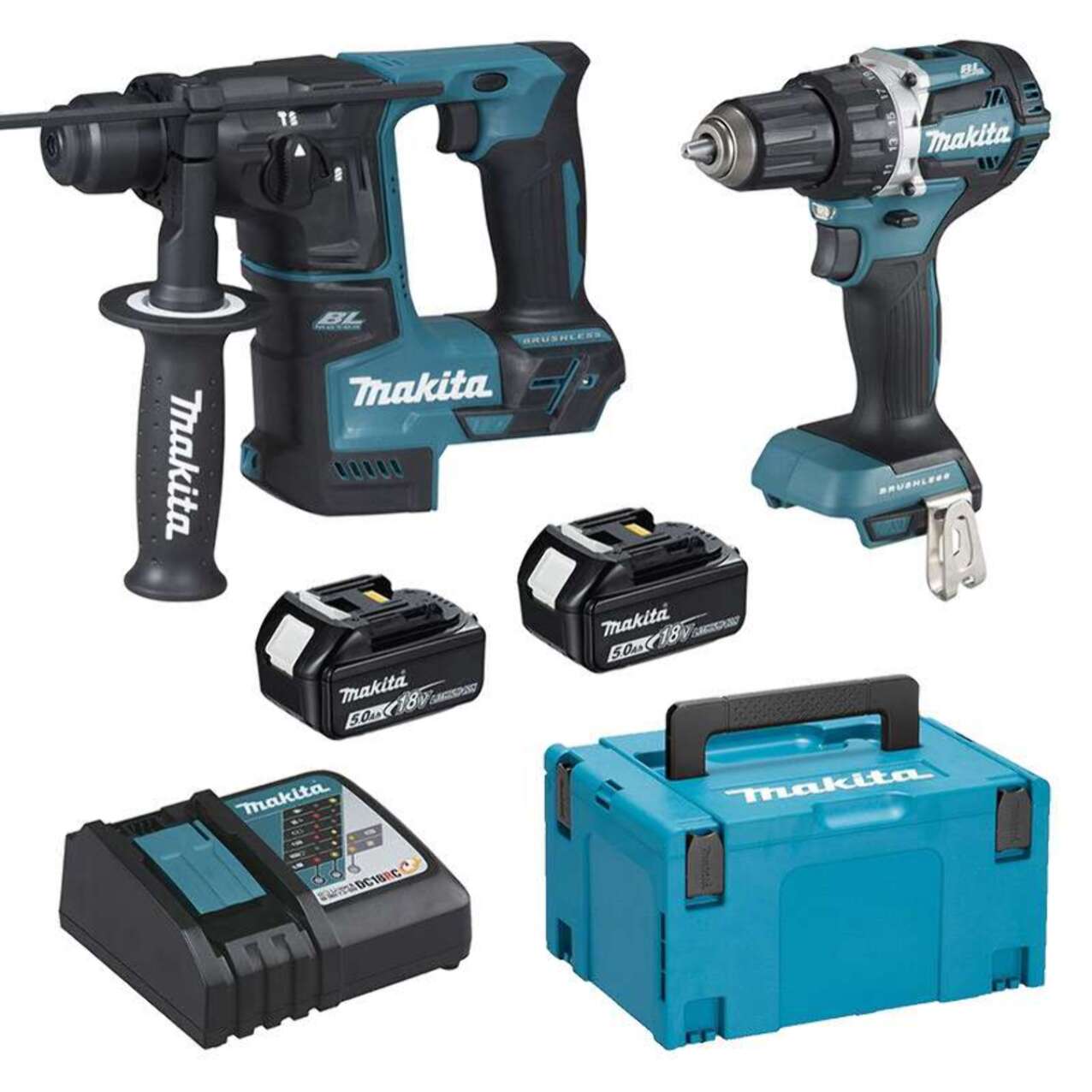 Ensemble de 2 machines 18V, Perceuse DDF484 + Perforateur DHR171 - MAKITA - avec 2 batteries 18V 5.0AH, chargeur rapide, MakPac - DLX2271TJ