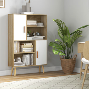 Bibliothèque scandinave 4 niches + 2 placards avec étagère dim. 80L x 24l x 123H cm pieds effilés inclinés bois massif panneaux particules naturel et blanc