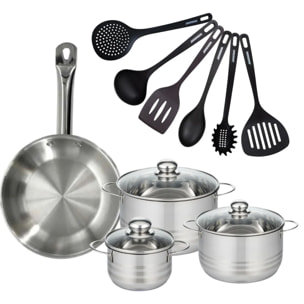 Set 1 poêle 28 cm en inox, 3 faitouts inox 16, 20 et 24 cm et 6 ustensiles RPET Fackelmann Eterna