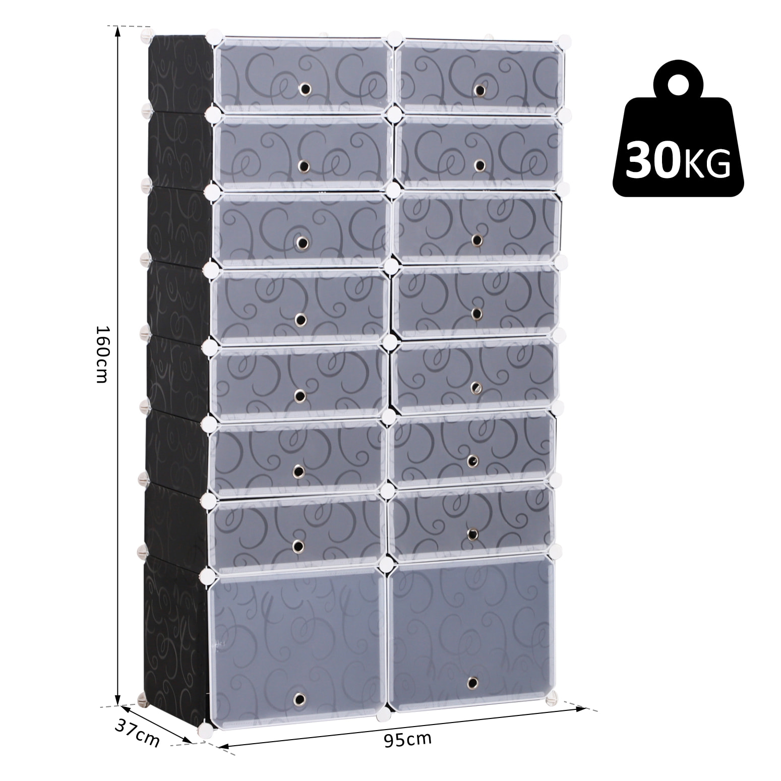 Armoire à chaussures range chaussures L 95 x l 37 x H 160 cm 14 cubes rectangulaires et 2 grands cubes noir et blanc