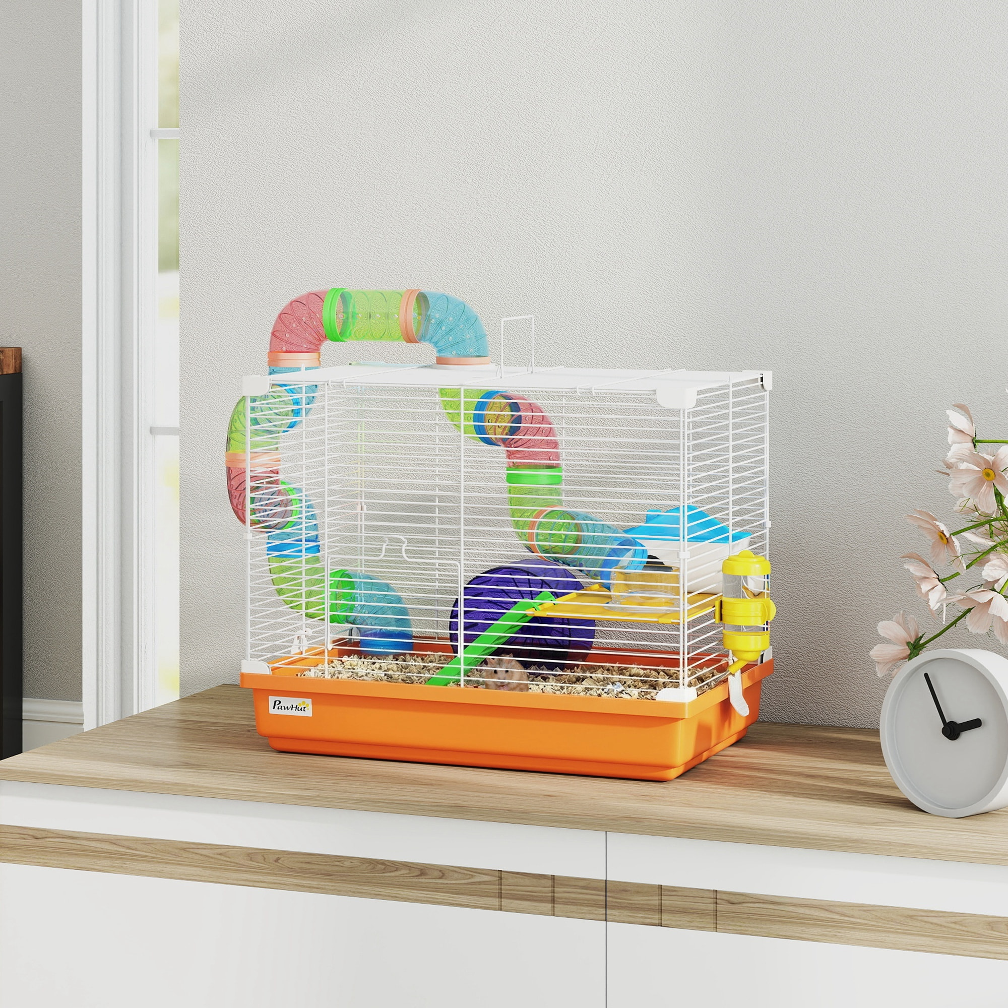 Cage à hamster 2 niveaux avec poignée - avec tunnel, biberon eau, roue, maisonnette, échelles - orange
