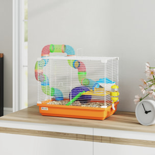 Cage à hamster 2 niveaux avec poignée - avec tunnel, biberon eau, roue, maisonnette, échelles - orange