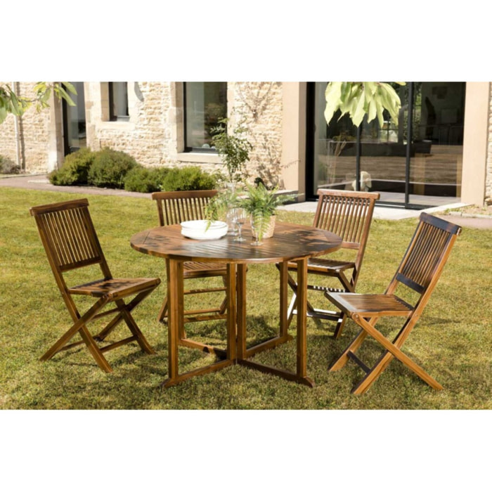 MAEVA - Salon de jardin en bois teck huilé 4/5 personnes - 1 table ronde à rabats papillon et 4 chaises