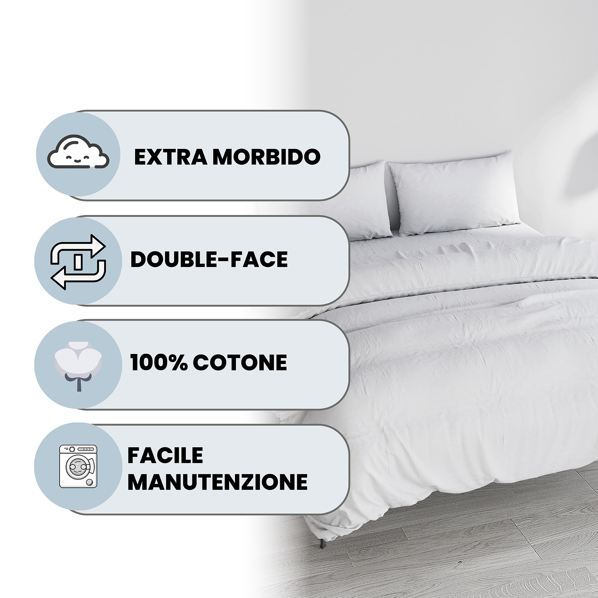 PARURE COPRIPIUMINO NATURAL COLOR, 100% Cotone, Made in Italy - BIANCO/BIANCO