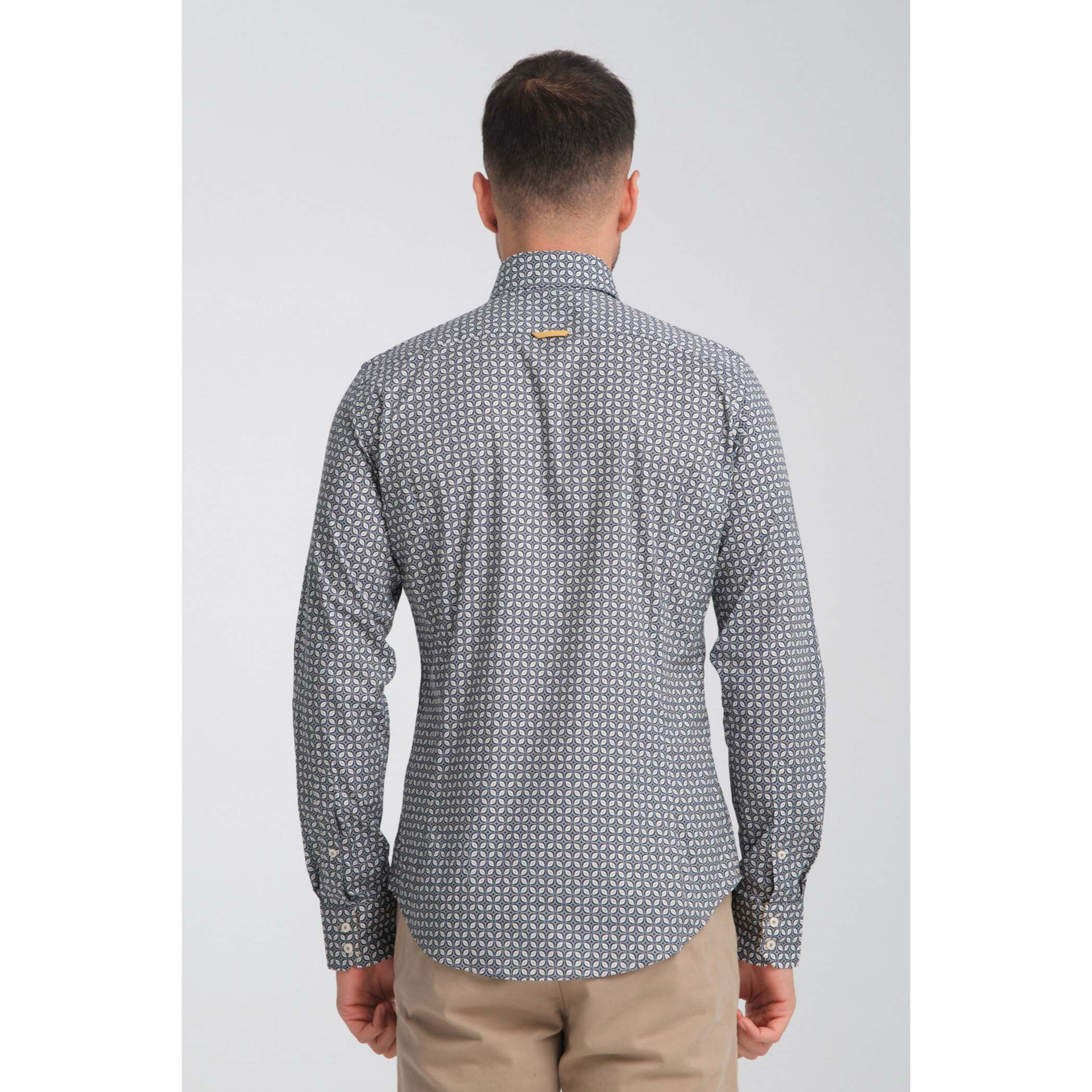 Camicia Uomo 2 Bottoni Button Down Slim Popeline Stretch Stampato Grigio Medio/Blu