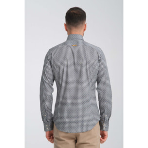 Camicia Uomo 2 Bottoni Button Down Slim Popeline Stretch Stampato Grigio Medio/Blu