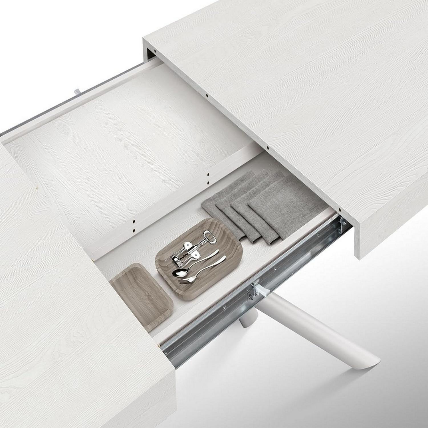 Tavolo CARRARA in legno, finitura bianco frassinato e base in metallo verniciato bianco, allungabile 180×90 cm – 260×90 cm