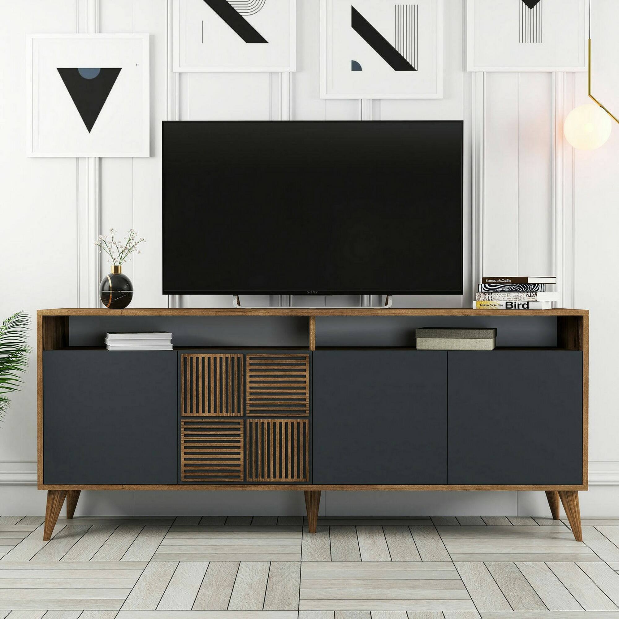 Consolle Jole, Credenza da soggiorno, Armadio basso per TV, Base parete attrezzata, 180x35 h79 cm, Noce e Antracite