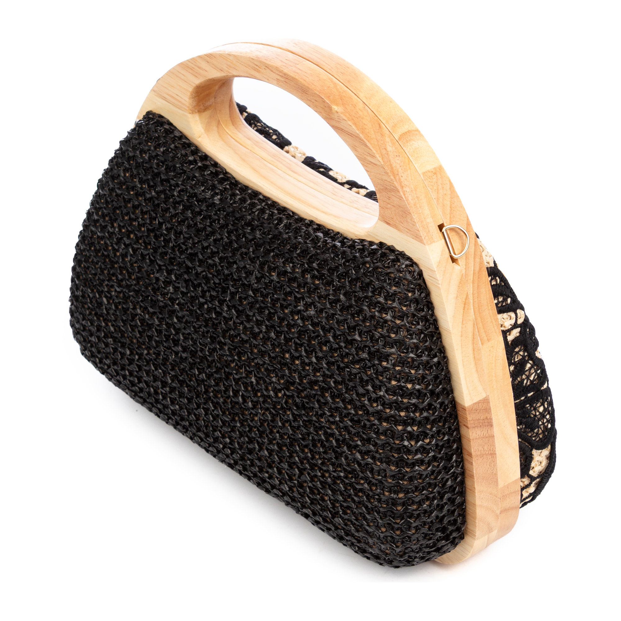 Ausa bolso de mano fabricado en madera natural, con papel trenzado y jute diseño malla de tejido floral
