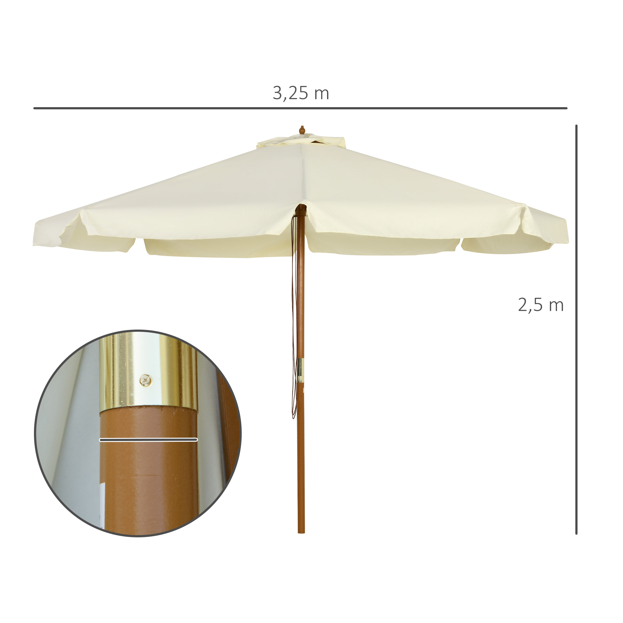 Sombrilla de Jardín Ø325x250 cm Parasol de Madera con Sistema de Polea Techo de Ventilación y 8 Varillas de Bambú para Terraza Balcón Exterior Beige