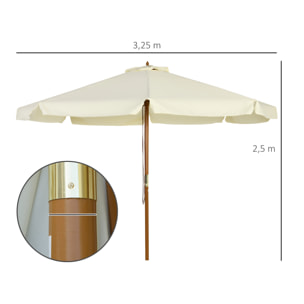 Sombrilla de Jardín Ø325x250 cm Parasol de Madera con Sistema de Polea Techo de Ventilación y 8 Varillas de Bambú para Terraza Balcón Exterior Beige