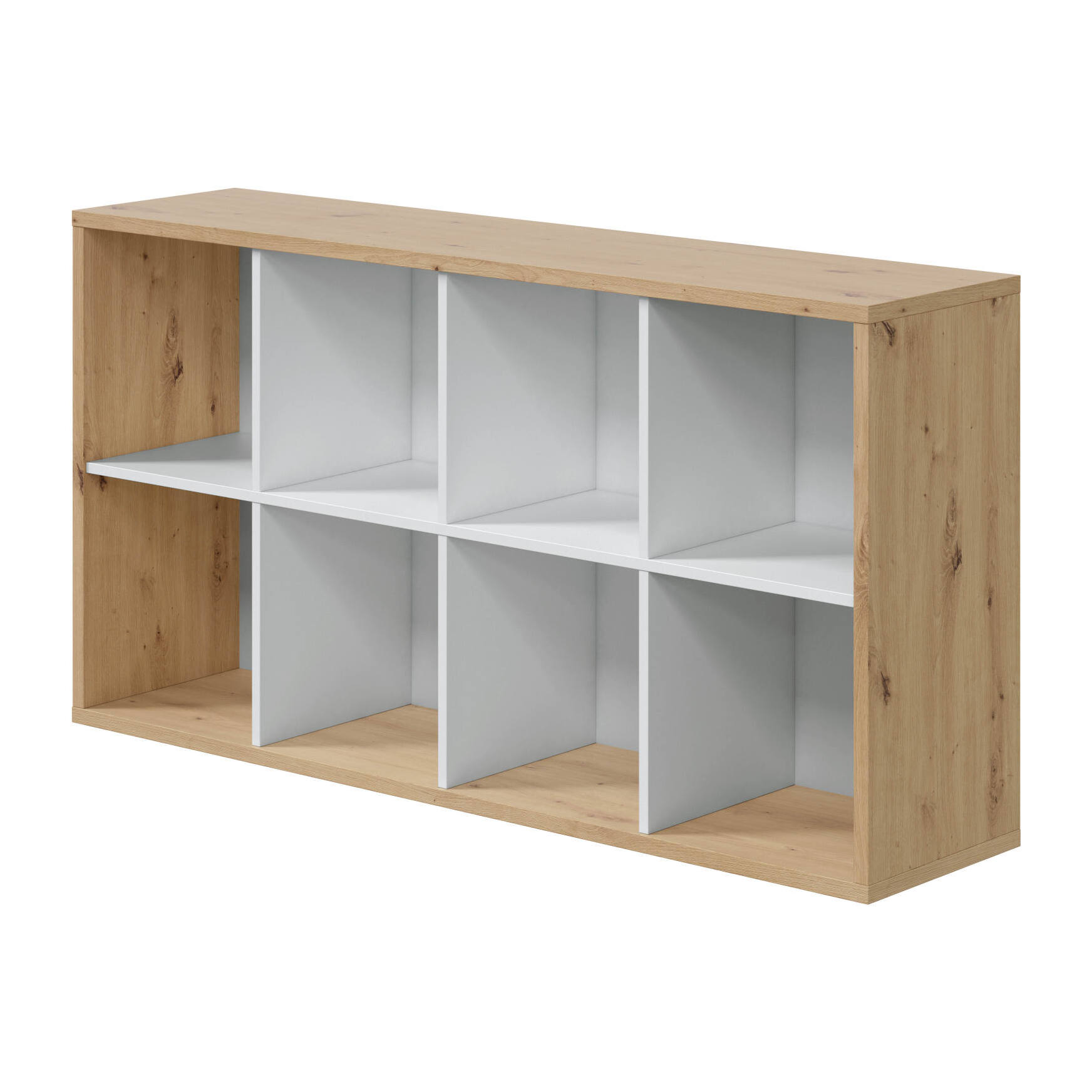 Libreria Sacramento, Mobile portalibri reversibile con 8 scomparti, Mobile Porta tv multiposizione, cm 72x33h137, Rovere effetto nodi e Bianco