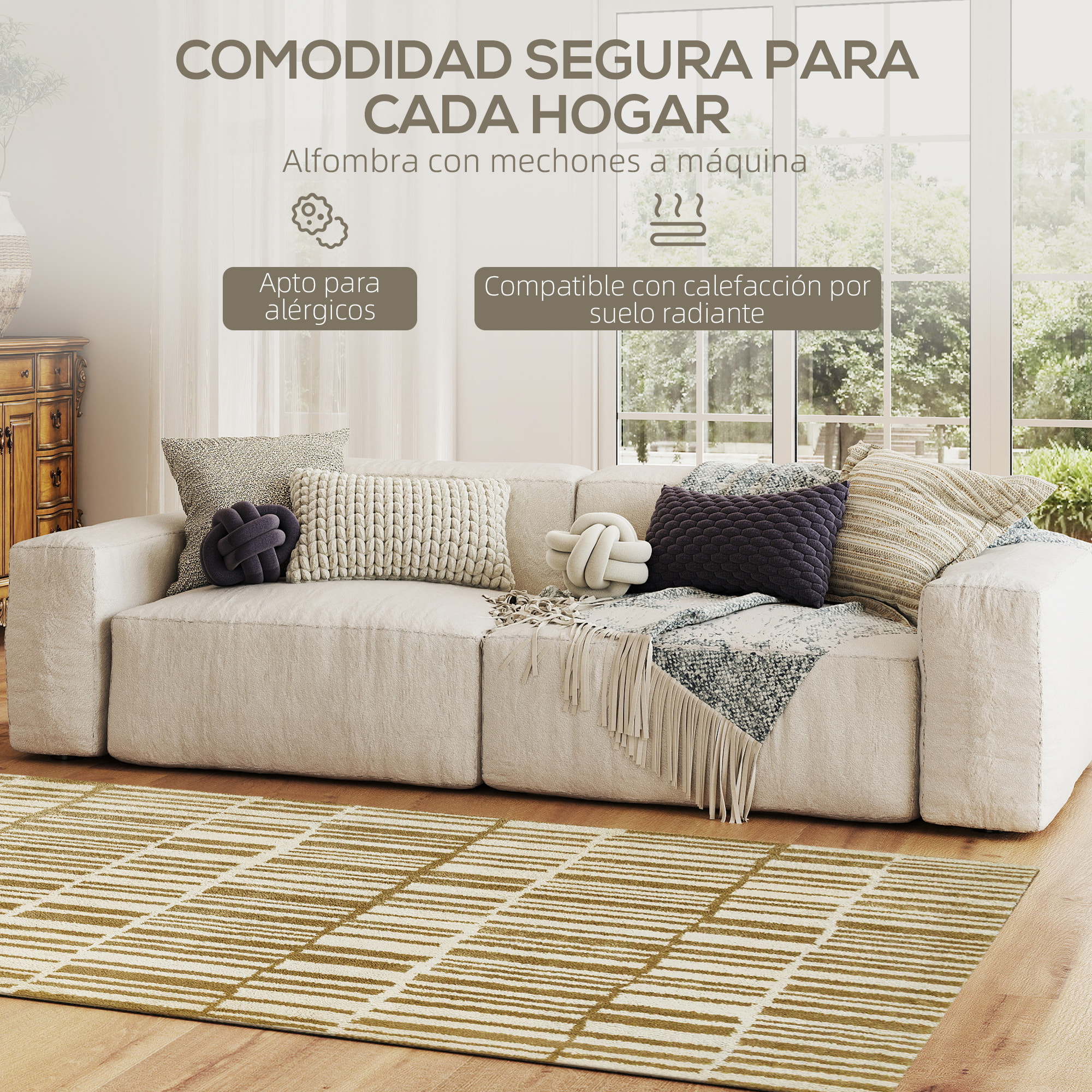 Alfombra Salón 170x120 cm Alfombra Lavable en Lavadora Pelo Corto Elementos a Rayas Tapete para Sala de Estar Dormitorio Comedor Crema