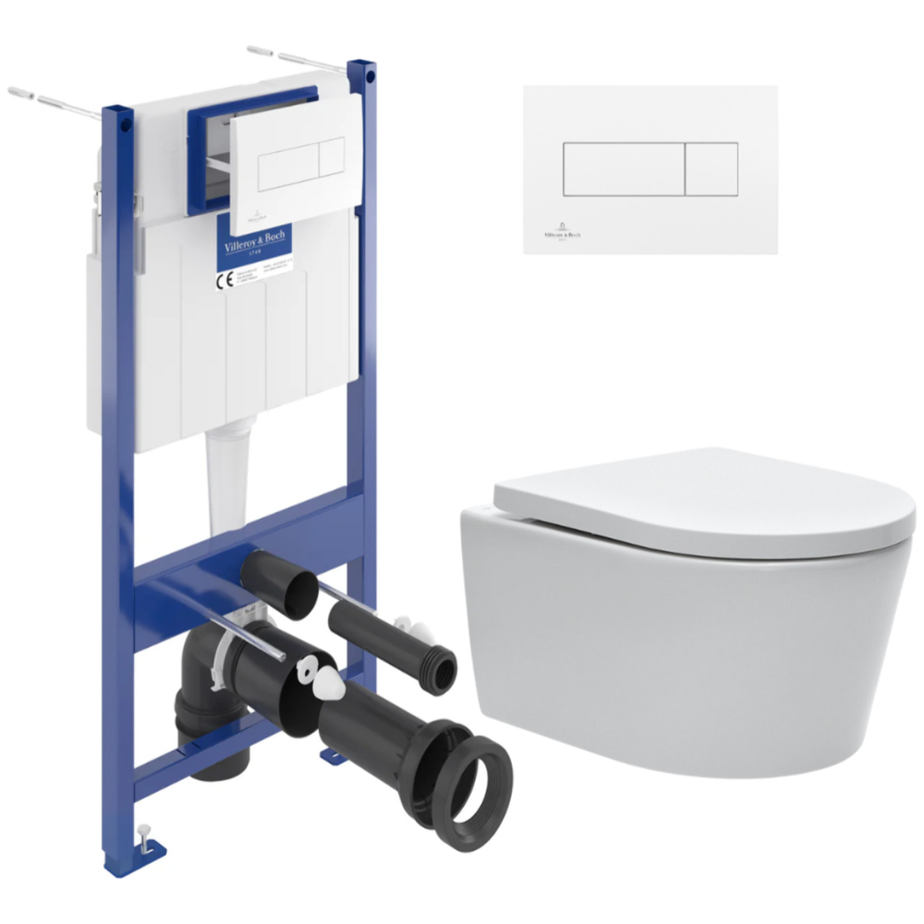 Pack WC Bâti-support Villeroy & Boch + WC sans bride SAT + Plaque blanche + Set d'isolation phonique