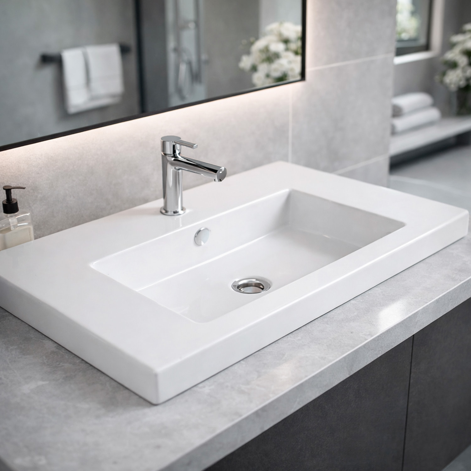 Lavabo Da Incasso Rettangolare Lavandino Bagno In Ceramica Design Moderno Elegante Per Top Bagno 101 x 36 cm Bianco