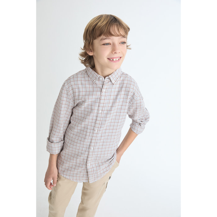 Camisa niño de manga larga con estampado de cuadros blanco, azul y teja, cuello camisero y botones | Color: Multicolor | Street Monkey