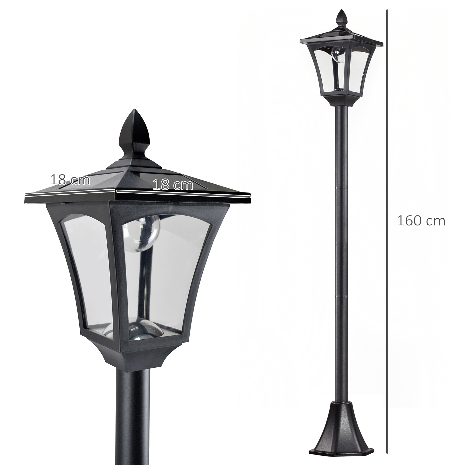 Conjunto de 2 Farolas Solares Luces Solares para Jardín con Panel Solar Encendido Automático Impermeable IP44 para Terraza Patio 18x18x160 cm Negro