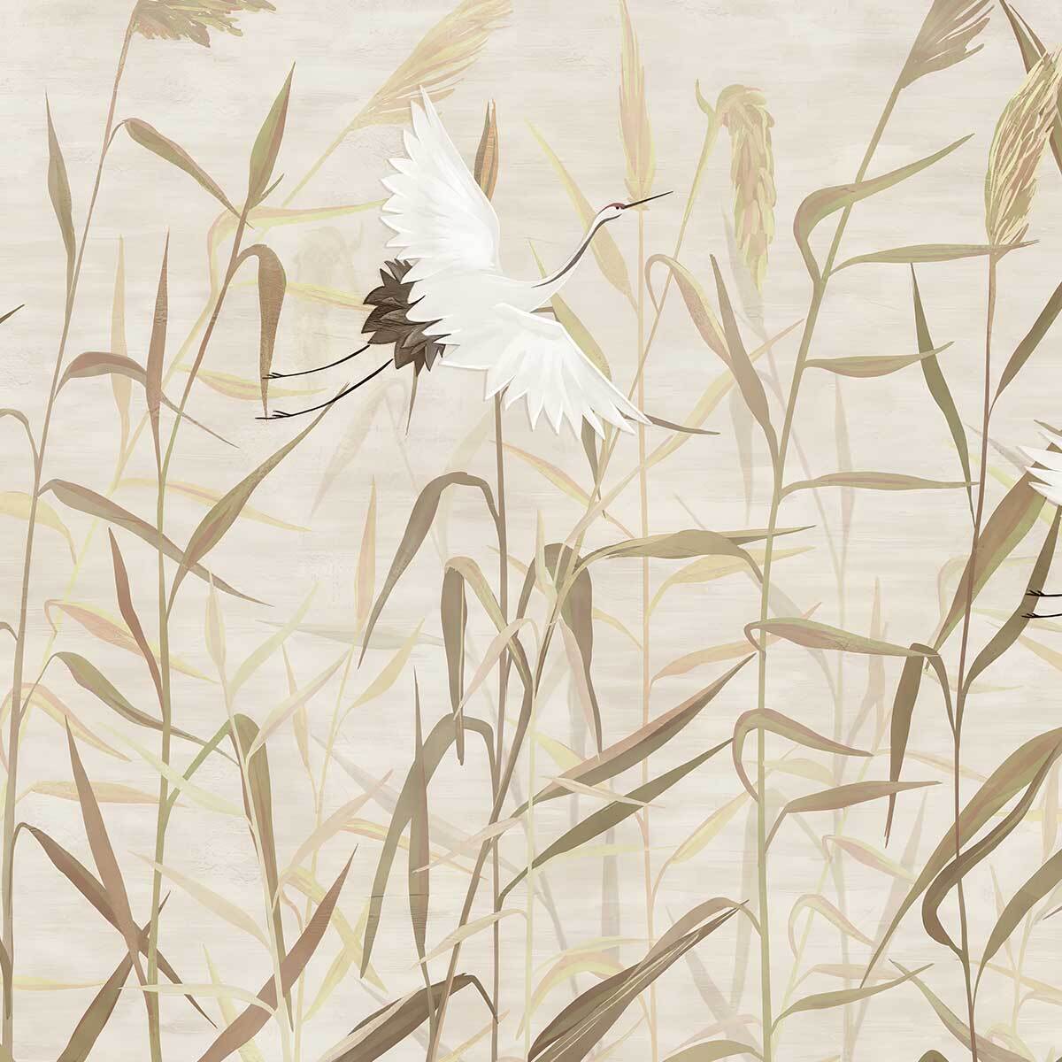 Papier peint graminées et grues ambiance zen naturelle Intissé