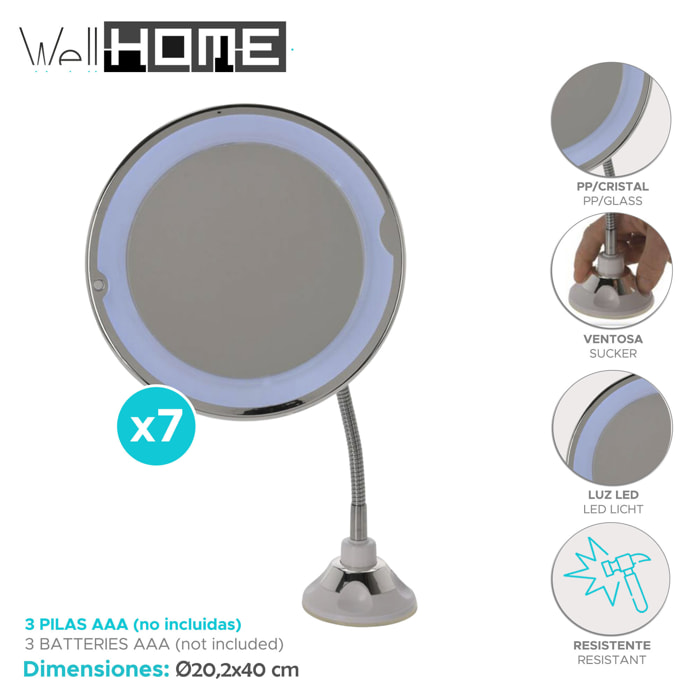 Well home espejo con soporte con luces led en el borde color plata ø20,2x40cm