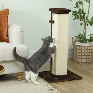 Griffoir tour pour chat H.81 cm - poteau à griffer avec jeu balle suspendue - peluche marron sisal naturel