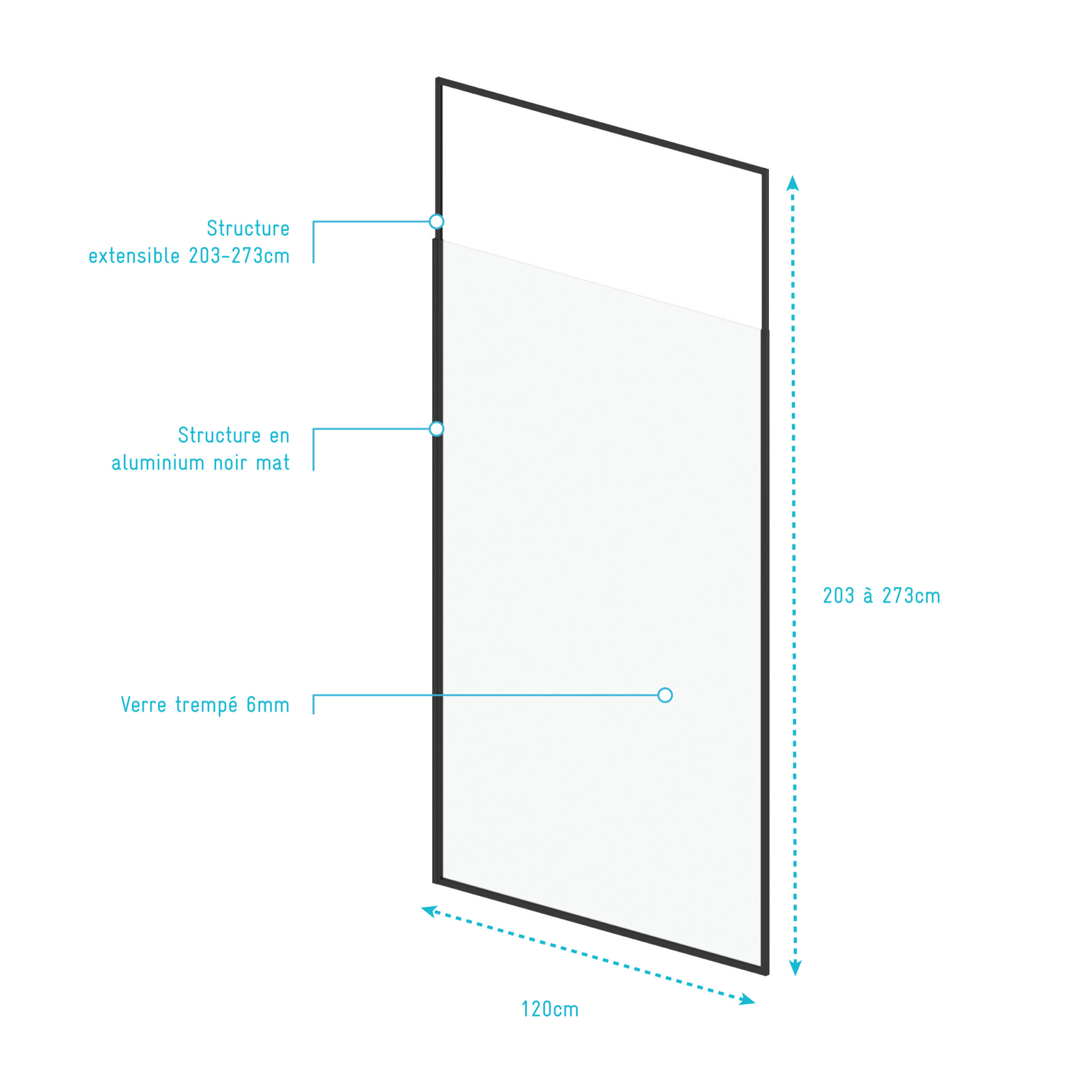 Paroi de douche 120x203cm à structure noir mat extensible 203cm à 273cm STRETCHY