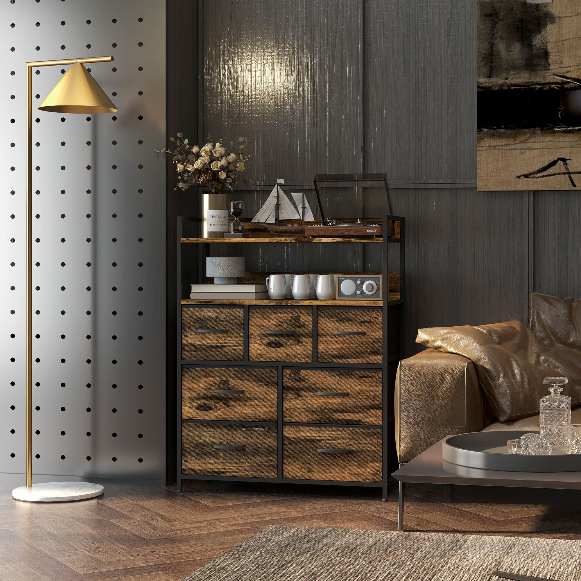 Commode style industriel - 7 tiroirs, 2 étagères - acier noir MDF non tissé effet bois vieilli