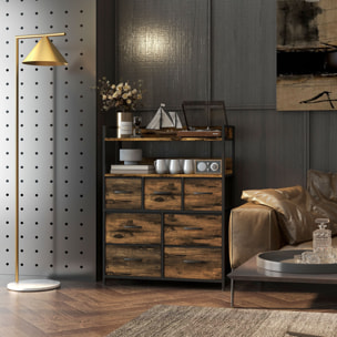 Commode style industriel - 7 tiroirs, 2 étagères - acier noir MDF non tissé effet bois vieilli