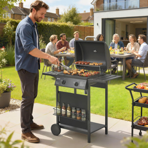 Barbacoa de Gas BBQ Gas con 2 Quemadores 5 kW, Barbacoa Portátil con Termómetro, Mesas Laterales, Estante, Rejilla Calentadora, Encendido Piezoeléctrico, Bandeja de Grasa y 2 Ruedas, Negro