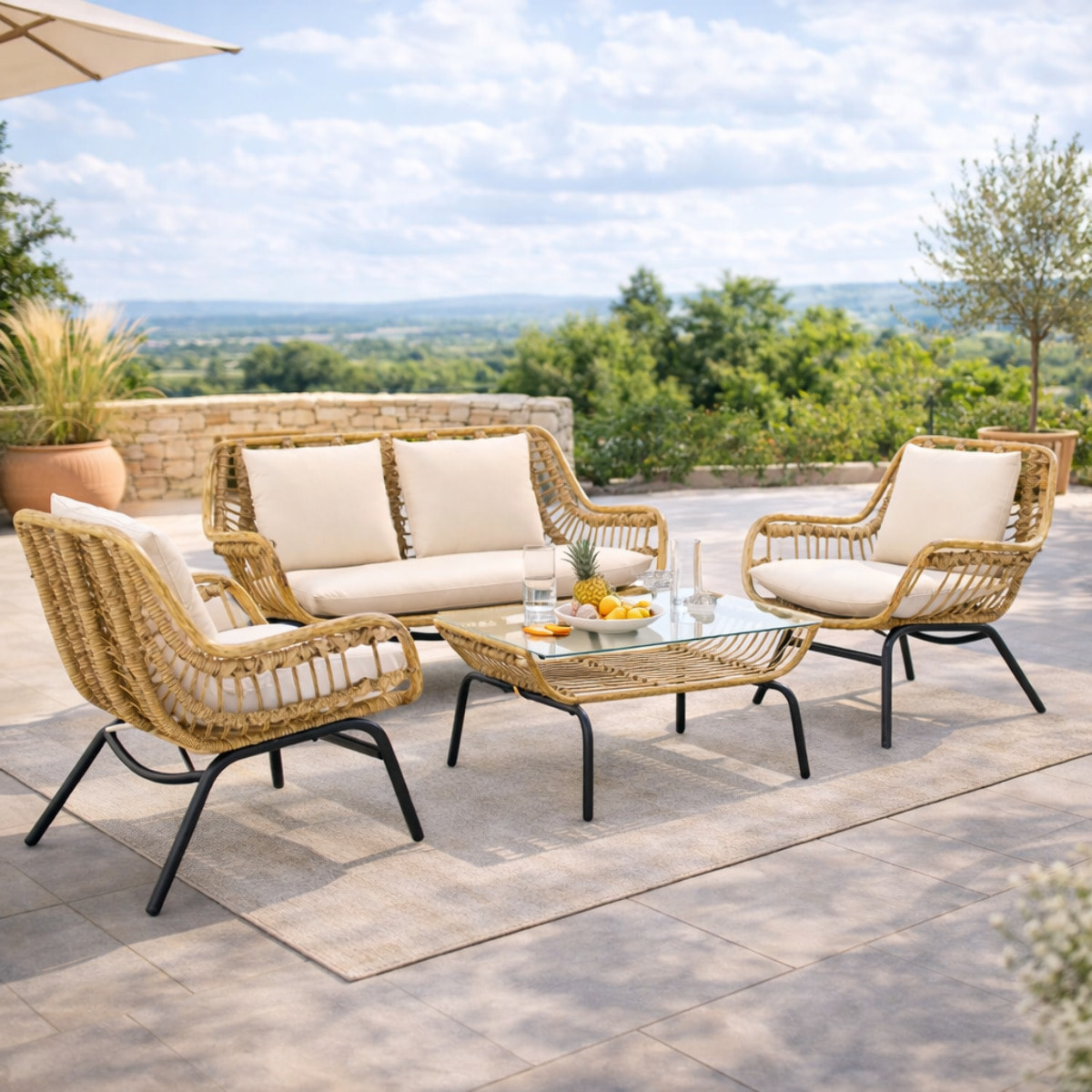 Salon de jardin 4 places – Style exotique – Coussins inclus