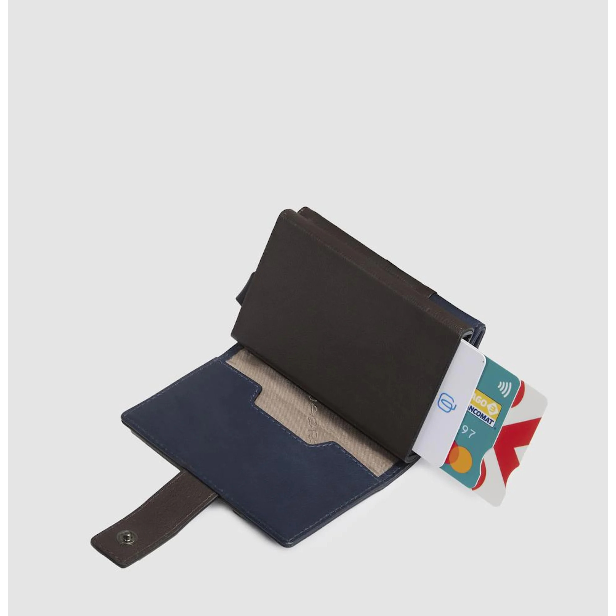 Piquadro Portacarte automatico in metallo e pelle, schermato con protezione RFID