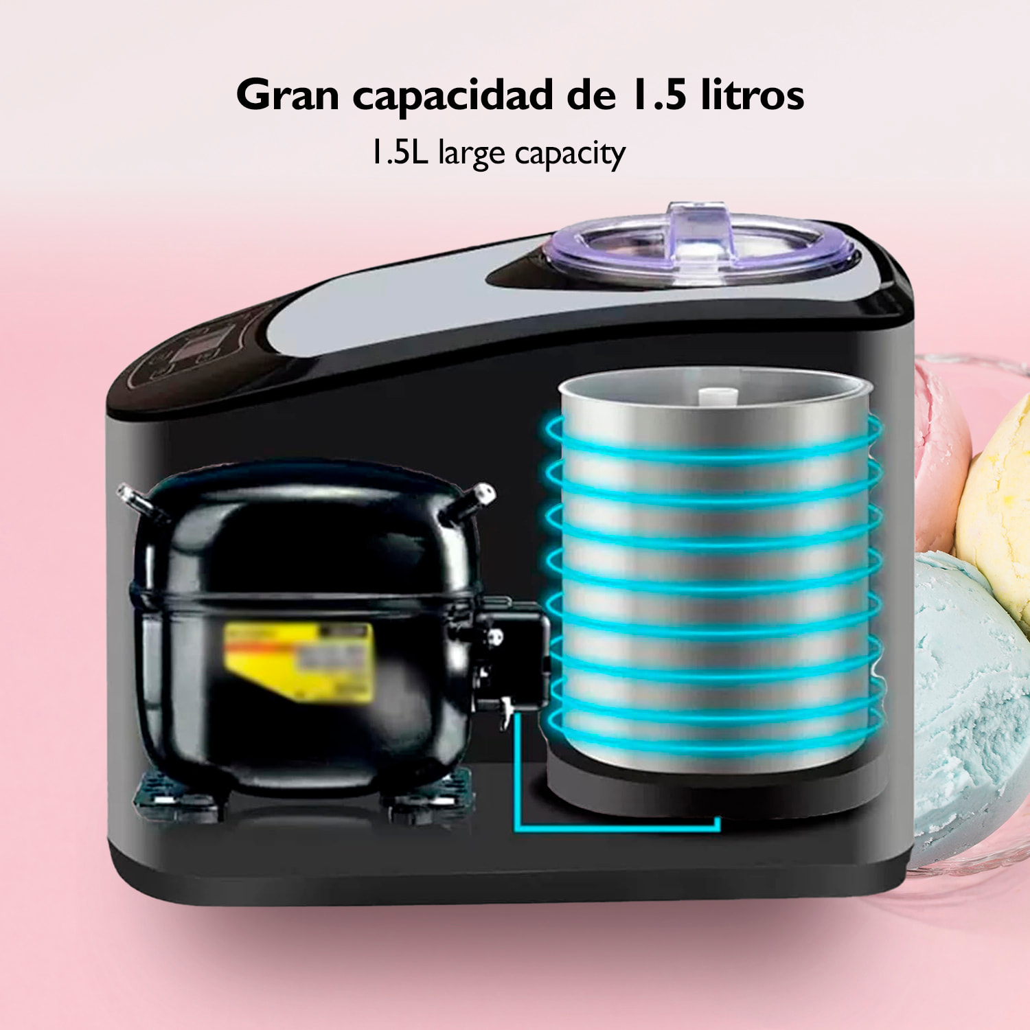 Heladera automática doméstica de 140W. Con un 1.5L litro de capacidad y compresor eléctrico. 2 modos de helados.