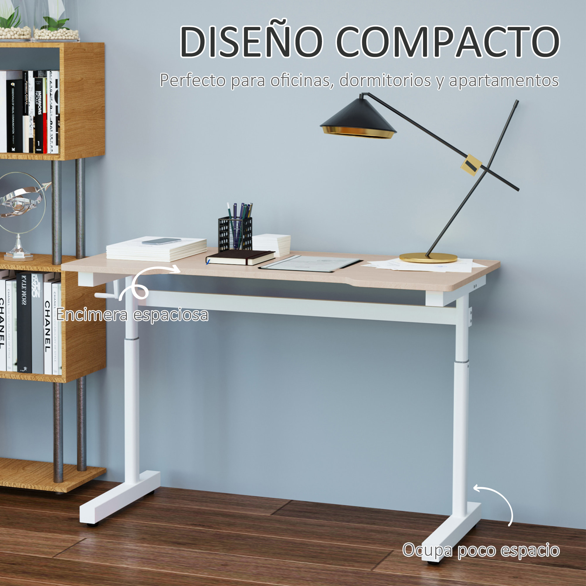 Escritorio de Pie 120x60x72-117 cm con Altura Ajustable Manual con Manivela Mesa para Ordenador para Oficina Estudio Salón Estilo Racing Carga 150 kg Natural