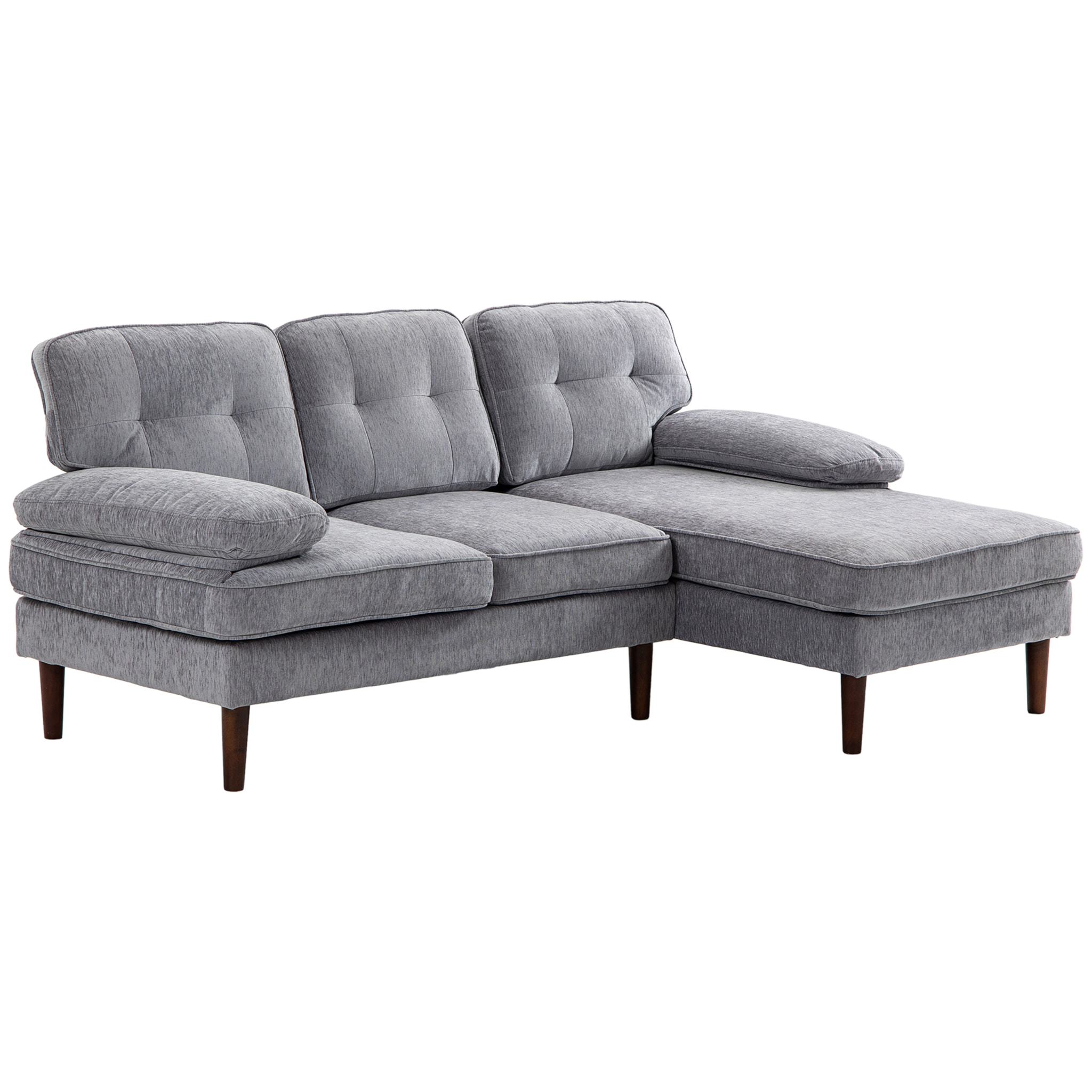 Sofá Esquinero de 3 Plazas Tapizado en Chenilla, Sofá Chaise Longue en Forma de L con Patas de Madera y Reposabrazos, Estilo Moderno, para Salón, 215x142x88 cm, Gris