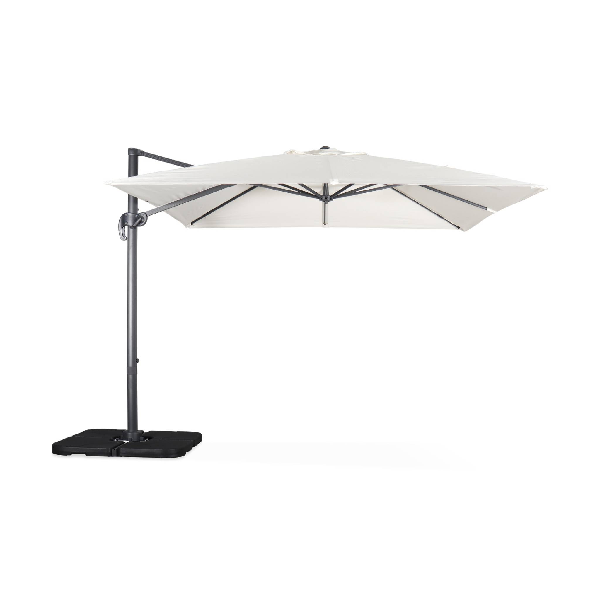 Parasol déporté carré écru 3x3m structure grise + Lot de 4 dalles à lester 50x50cm