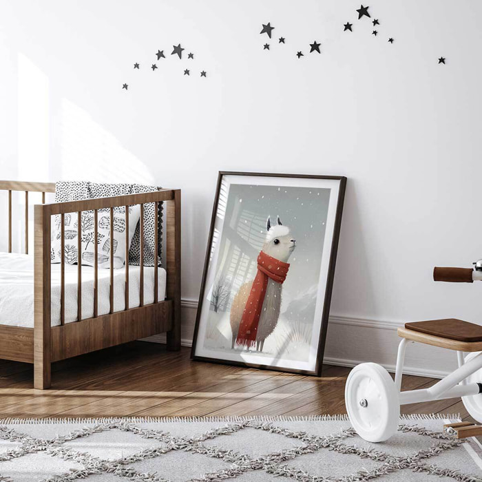 Affiche enfant lama et son écharpe  Affiche + cadre en bois - Noir