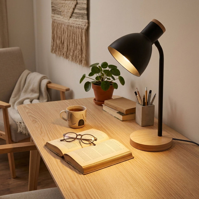 Lámpara de mesa Negra de metal 14x36cm con base de madera natural con casquillo E14