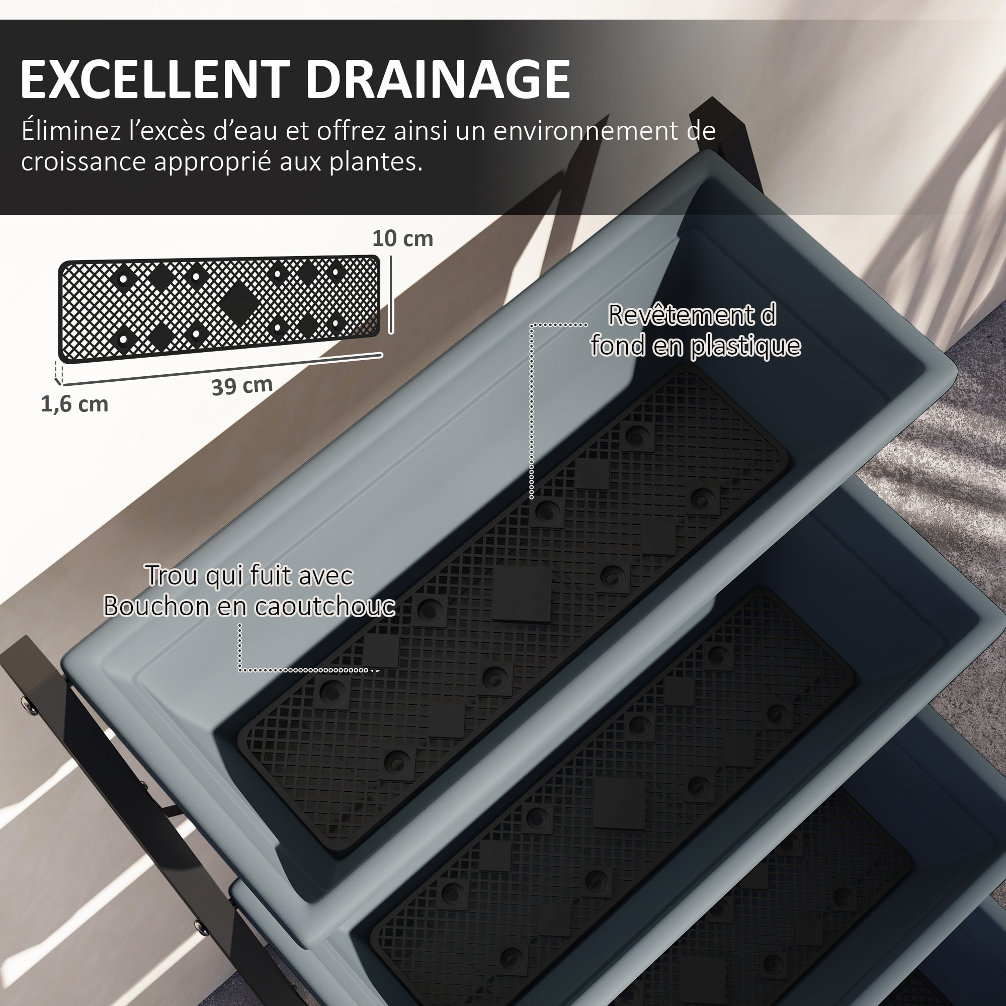 Jardinière sur pied 5 bacs amovibles fond doublé inserts irrigation acier noir PP gris