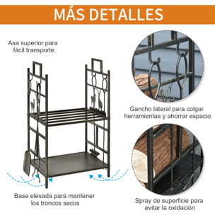 Soporte para Leña de Metal de 2 Niveles Estante para Leña con 4 Herramientas y Asas para Chimenea para Interior y Exterior 51,5x33x77 cm Negro Dorado