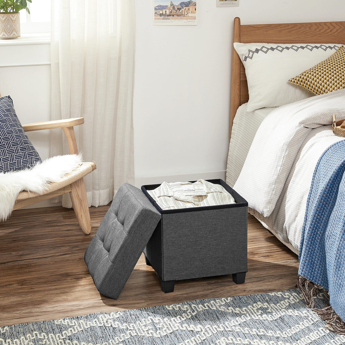 Pouf contenitore pieghevole in tessuto effetto lino grigio