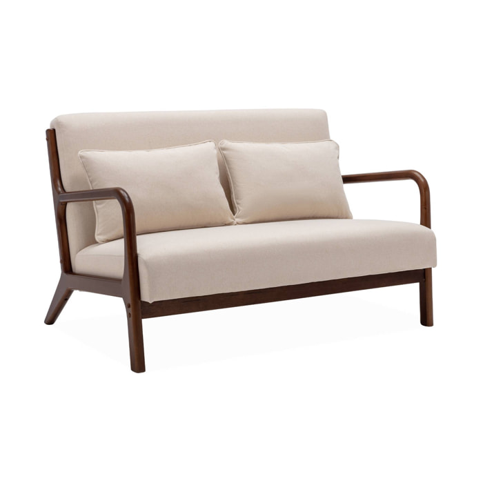 Banquette 2 places tissu beige. pieds bois d'hévéa teinté noyer clair. droit fixe. pieds compas scandinave
