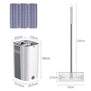 Mocio con rotazione a 360°, secchio con sistema di strizzatura efficiente e tappo di scarico. Include 3 panni in microfibra.