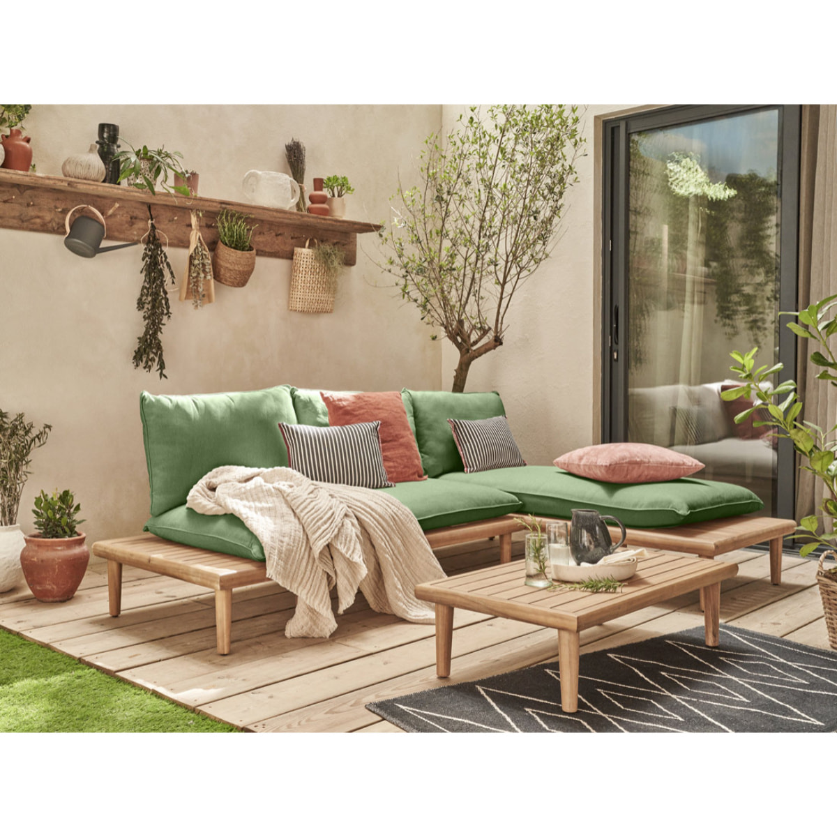 Papeete - salon bas de jardin avec coussins vert - 4 places + table - en bois d'acacia FSC  100% - Vert / Beige