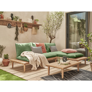Papeete - salon bas de jardin avec coussins vert - 4 places + table - en bois d'acacia FSC  100% - Vert / Beige