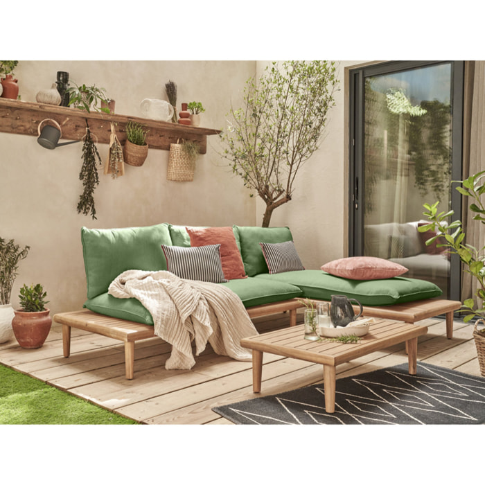 Papeete - salon bas de jardin avec coussins vert - 4 places + table - en bois d'acacia FSC  100% - Vert / Beige