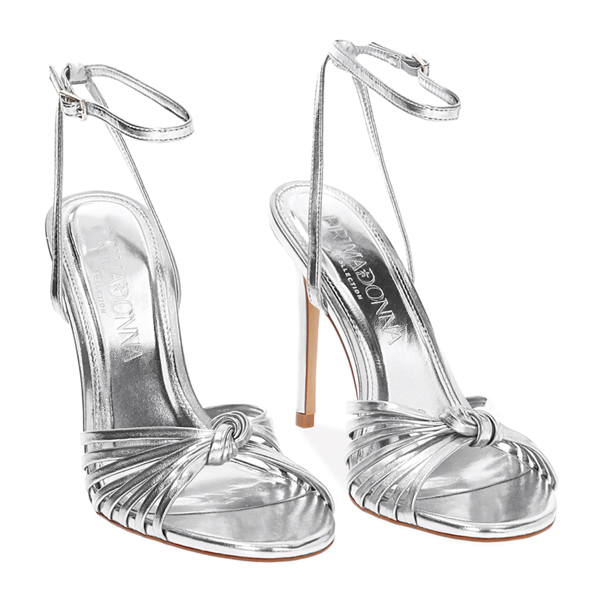 Sandalo donna argentato con nodo, tacco 10,5 cm