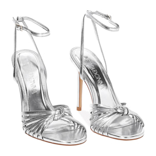 Sandalo donna argentato con nodo, tacco 10,5 cm