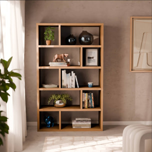 Etagère bibliothèque asymétrique 5 niveaux 10 compartiments. casiers. effet bois de manguier. L 111.2 x P 39 x H 190cm
