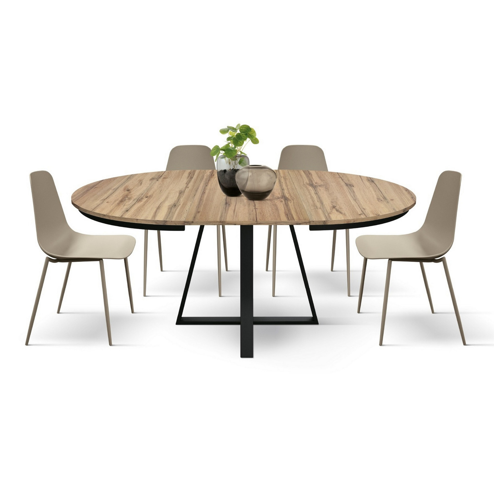 Tavolo rotondo PANTELLERIA in legno effetto rovere rustico con base a X in metallo antracite, allungabile ⌀120 cm - ⌀170 cm