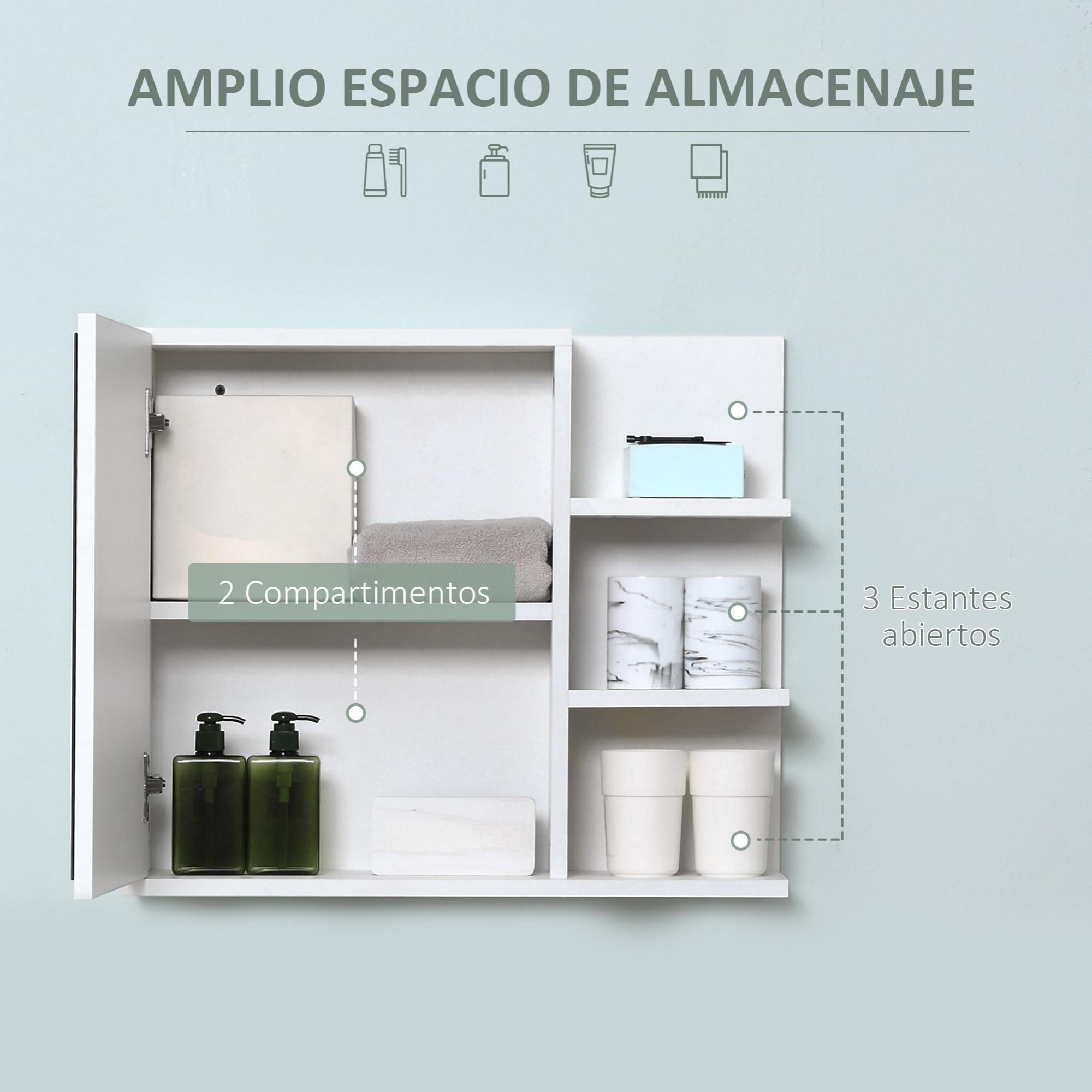 kleankin Armario de Baño con Espejo Montado en la Pared con 3 Estantes Abiertos y 1 Puerta con Balda Interior Estilo Moderno 60x18x50 cm Blanco