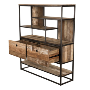 SIXTINE - Étagère marron 2 tiroirs et 7 niches Teck recyclé Acacia Mahogany recyclé et métal noir